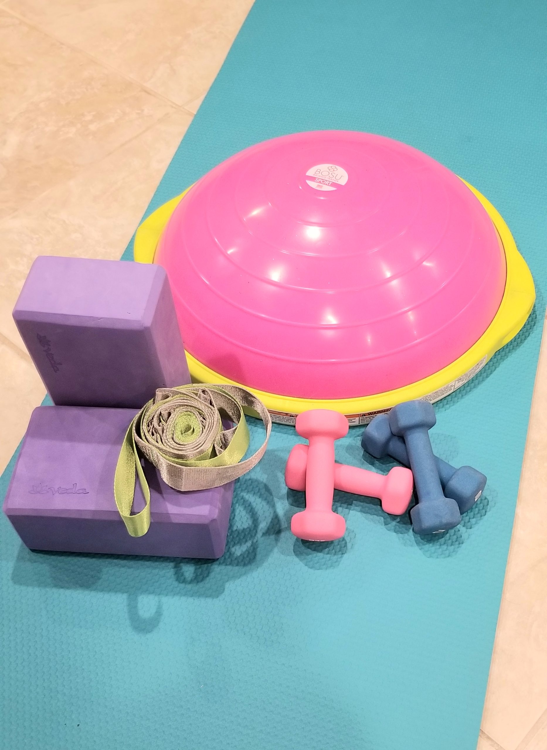 Equipment (Bosu, weights, yoga strap, yoga blocks, yoga mat)