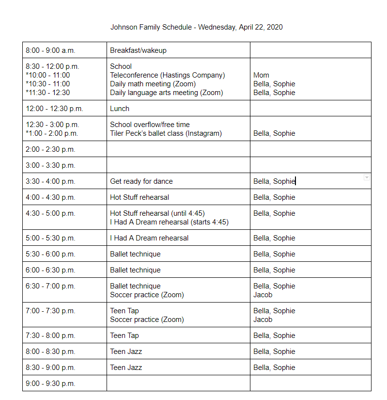 Sample Schedule in Google Docs