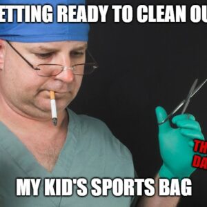 Surgeon prepping to clean out a sports bag